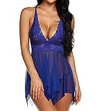 BYYHJNMSXS Pyjama Nachthemd Nachthemden Femme Sleepshirts Damen Mini Nachthemd Dessous Spitze Durchsichtig Nachtkleid Damen Elegant Rot Tief V XXL Blau