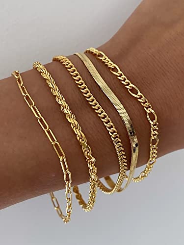 Dearmay Gold Bracelets For Women Girls 14K Real Gold Jewelry Set For Women Cuban Link Chain Figaro Paperclip Rope Herringbone Bracelet 18K Filled Plated Bracelets Trendy Fashion Pack Accessories Gifts For Women Teen Girls #TOP1
