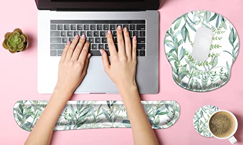 4 In 1 Extended Gaming Mouse Pad (35.4X15.7 Inch 3Mm Thick)& Ergonomic Mouse Pad With Wrist Support & Keyboard Wrist Rest Pad Set With Coaster, Idonzon Desk Mat With Non-Slip Rubber Base, Green Plants #TOP1