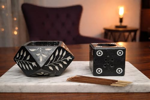 Image of Soapstone (Marble) Incense Stick Holder Agarbatti Stand Candle Holder Dhoop Stick Burner | for Pooja Puja at Mandir, Temple, Home, Office, Decorative Showpiece Black | Floral Carved