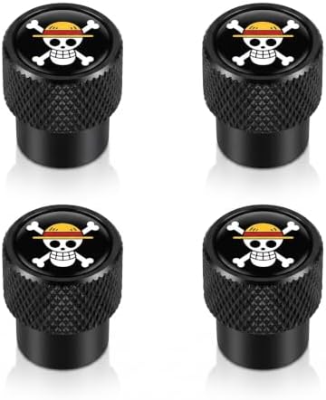 One Piece Straw Hat Pirates Skull Logo Tire Valve Stem Caps, 4 Pack Black Aluminum Universal Wheel Air Valve Dust Caps, Tire Rim Valve Covers Fit Car, SUV, Truck, Motorcycle, Bicycle, Black