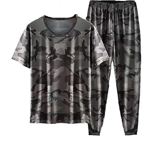 HanzhuoLG Men Overalls Military Tactical Cargo Outdoor Tshirt & Pants Set Combat Sport Baggy Work Camouflage Tops And Bottoms Suit grey XXL