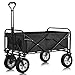 QWEPOI Carro plegable con neumáticos anchos, carro de mano para exteriores, carro de transporte de malla, soporte para bebidas, asa ajustable, bolsa de tela, color negro