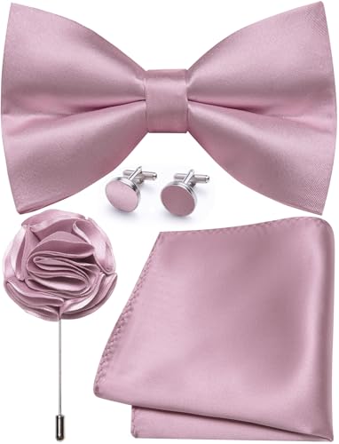 Image of Solid Color Bow Ties for Men Silk Pre-tied Tuxedo Bowtie Set 4PCS | Pre-tied in 3 seconds,adjustable 4PCS bow tie and pocket square cufflinks lapel pin set,wedding,formal,party,prom,graduation