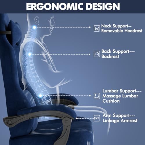 Image of Soontrans Blue Velvet Fabric Gaming Chair with Footrest, Ergonomic Comfortable Video Gamer Chair for Adult, Reclining Office Computer Desk Game Chairs with Massage Lumbar Cushion,Headrest
