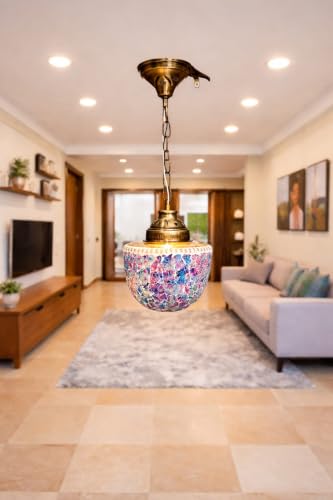 Image of Mosaic Glass Pendant Light with Brass Chain, Multicolour