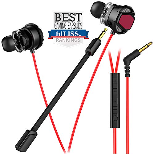 hiLISS Dual Drivers Gaming Earbuds with Detachable Microphone, Works with PC, PS4, PS4