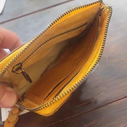 1 Pcs Medieval Pouch Mini Genuine Leather Coin Pouch-Genuine Cowhide Handcrafted Keychain Coin Organizer Zipper Coin Pouch (With Card Slot) Credit Card Holder Keychain Coin Purse (Yellow)3
