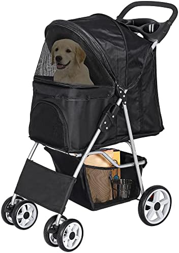Pet Stroller 4 Wheel Dog Stroller for Small Medium Dogs & Cats Easy to Walk Foldable Carrier Strolling Cart with Storage Basket and Cup Holder