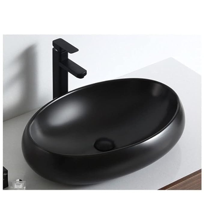 Image of Designer Counter Top Wash Basin | Tabletop Ceramic Bathroom Sink | Wash Basin Over Counter | Wash Basin For Bathroom, Living Room (24 x 15 x 6 Inch) (Matte Black)