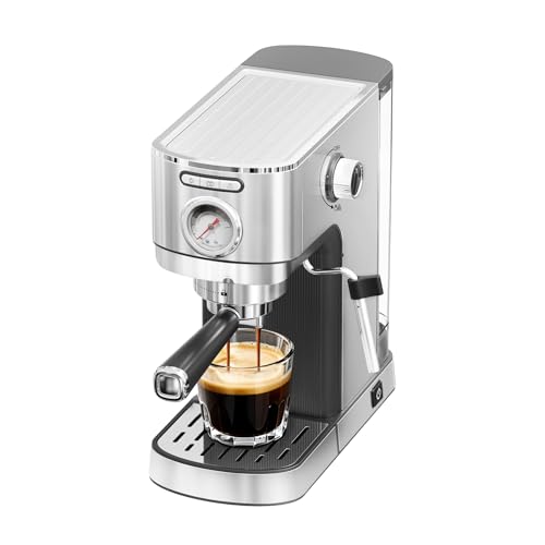 DRAGONBALL Espresso Machine 20 Bar, Coffee Machine with Milk Frother, Stainless Steel Espresso Machine for Home & Office, 1.2L Water Tank, Silver