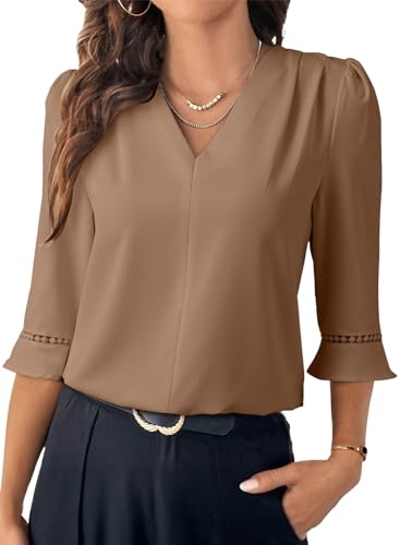 EVALESS Womens Tops Dressy Casual Summer 3/4 Length Sleeve Spring Top Pleated V Neck Business Work Office Shirts Parchment 2XL