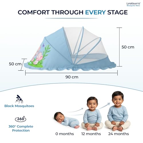 Image of LifeKrafts Foldable Bottomless Baby Mosquito Net | Cradle & Bed Net for Newborns & Infants (0-24 Months) | Breathable Mesh Protection | Baby Blue Elephant Design | 90 x 50 x 50 cm