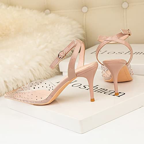 LUXINYU,Women Pointed Toe Heels Fashion Elegant Transparent Rhinestone Strap Ladies Pumps Heeled Dress Sandals Shiny Stiletto Hollow Comfort Work Shoes4