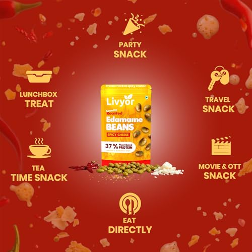 Image of Livyor Crunch Roasted Edamame Beans 150g | Spicy Cheese Flavour | Roasted not fried | Plant based healthy snack | High Protein Snack | Gluten Free | Vegan | High In fibre