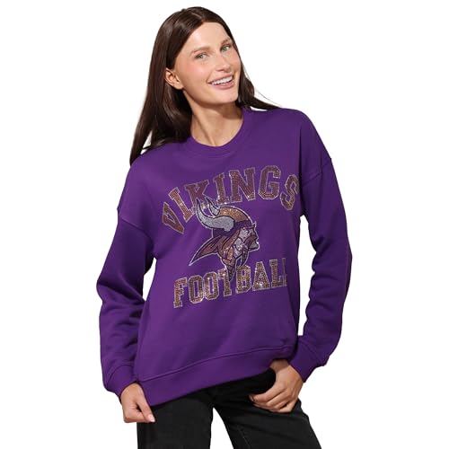 FOCO Minnesota Vikings NFL Womens Rhinestone Logo Oversized Crew Neck Sweatshirt - S