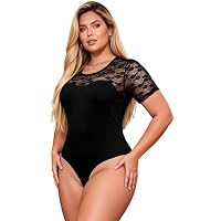 comeondear Body Mujer Vestir Manga Corta de Encaje Negro,XXL