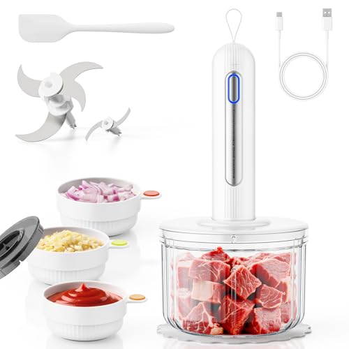 TPGSING Picadora inalámbrica de cocina eléctrica, 4000 mAh, multipicadora con carga USB-C, vidrio de 1,5 l y 3 cuencos, 5 cuchillas de acero inoxidable para carne, verduras, alimentos para bebés