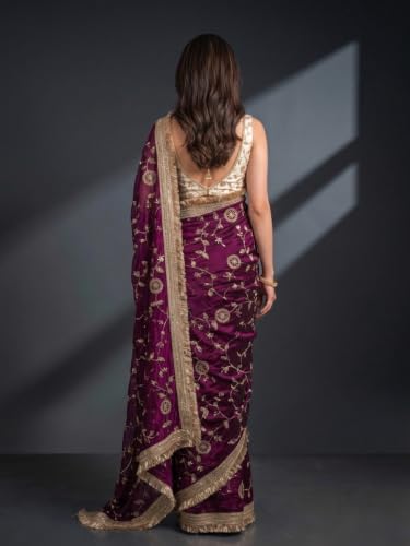 Image of 'Women's Space Sattin Bits Sequence Work Saree With Contrast Running Blouse | Embroidered Work Saree with Golden Floral Thread Work & Designer Border | Party Wedding Saree