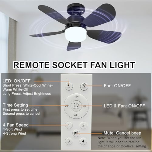 Image of 2Pack Socket Fan Light With Remote, Screwing Ceiling Fans with Dimmable Lights, 3 Colors 3000K-6500K,Ceiling Fan Light Kit Bulb for Bedroom Living Room Kitchen Garage Dinning Room