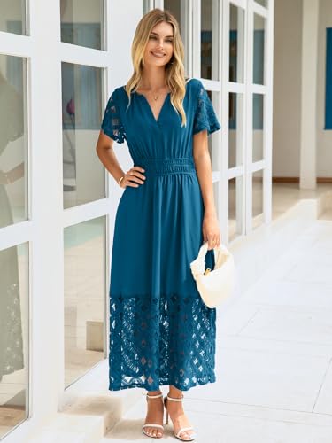 Image of Simplee Womens Summer Boho Maxi Dress V Neck Empire Waist Long Flowy Wedding Guest Dresses with Pockets