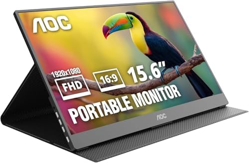 AOC 16T20 Portable Monitor 15.6″ FHD 1080p IPS Display, USB-C, Mini HDMI, Built-in Speakers, Travel Monitor with Smart Cover, Compatible with Laptops, MacBook, Gaming Console Ready