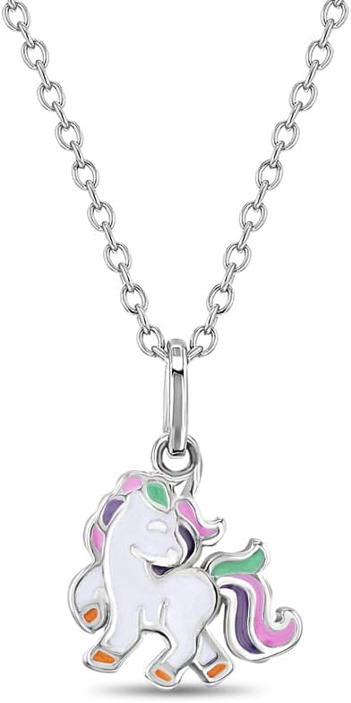 925 Sterling Silver Multicolor Enamel Unicorn Pendant Necklace for Little Girls and Preteens 16" - Magical Multicolored Rainbow Unicorn Necklace for Girls Birthday Gift or Dress Up Games