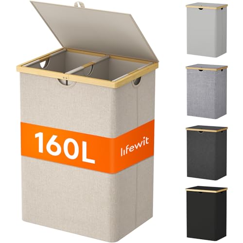 Lifewit 160L Bambus Wäschekorb mit Deckel, Faltbar Wäschesammler 2 Fächer Wäschesortierer mit Abnehmbarem Wäschesack Bambus Griffen Wäschebox Laundry Baskets für Waschküche, Schlafzimmer, Beige