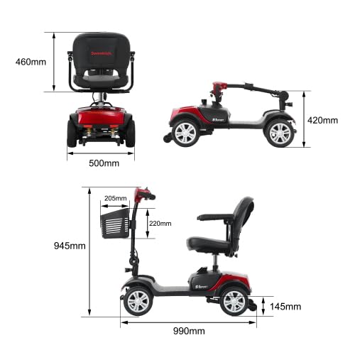 Scooter de movilidad 6 km/h para mayores, 4 ruedas, motor 300 W, carga 136 kg, batería extraíble, asiento 360°, luz LED, rojo