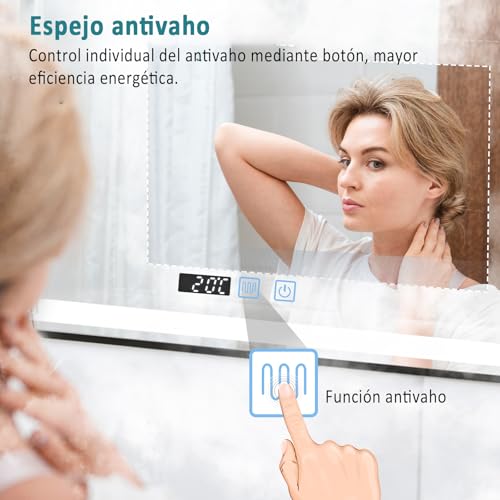 Miniatura 5 de Yu Yusing Espejo Baño Con Luz Regulable, 80x60cm, Espejo De Pared Led Con 3 Colores, Marco Metal, Espejo De Baño Con Interruptor Táctil, Antivaho, Visualización Tiempo, Ip44, Horizontal Negro
