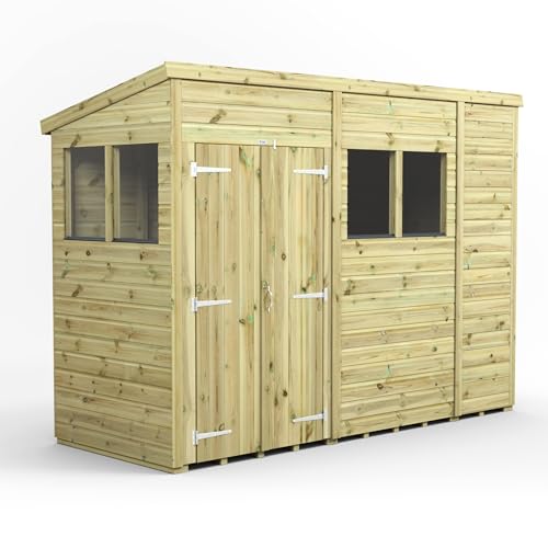 Image of Powersheds High Grade Premium Pressure Treated Pent Double Door Shed Garden Wooden Shed with Heavy Duty Frame, Door & Window Flexibility made from Extra Thick Timber & Toughened Glass (10x4)
