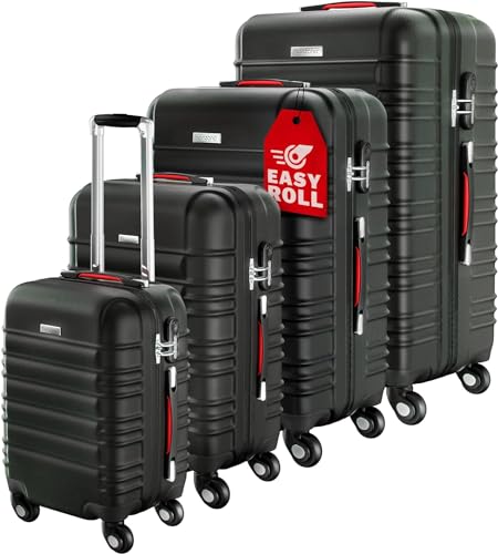 MONZANA® Maletas de Viaje Set 4 S-M-L-XL Equipajes Rígidos ABS Negro Asas de Gel Ruedas 360° Pies de Bloqueo