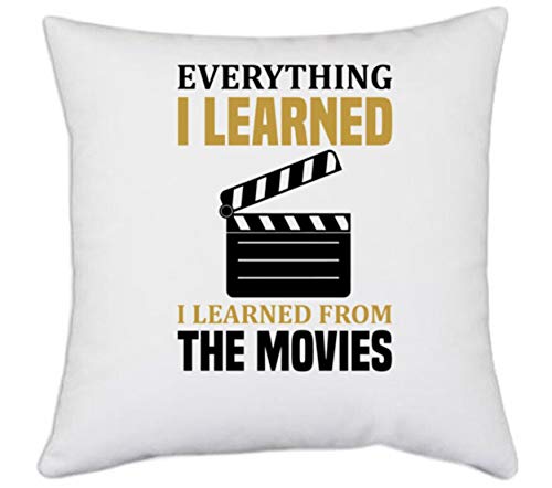 UDNAG White Polyester 'Movies | Everything' Pillow Cover [16 Inch X 16 Inch]