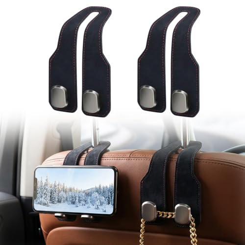 Image of Fauppt Headrest Hooks for Car Car Seat Hooks for Headrest,2026 Hooks for Purses and Bags Cute Car Purse Holder,Twinhook Leather Car Headrest Hangers Seat Back Organizers for Travel (Black*2)