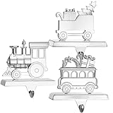 Klikel Train Stocking Holder Set of 3 - Christmas Train Stocking Hanger for Mantel - Shiny Silver Metal Christmas Stocking Holder for Fireplace Mantle - Heavy Stocking Holder for Mantle with Hook