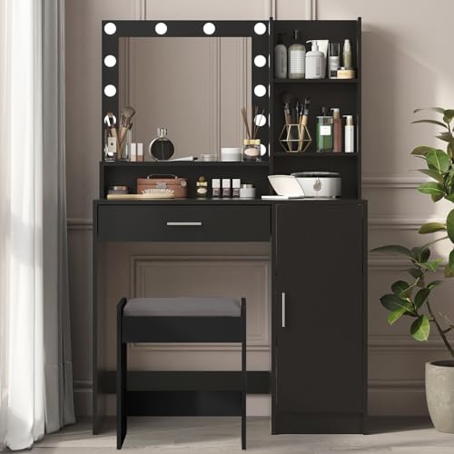 Image of Palimder Vanity Desk with Mirror & Light, Large Drawer & Three Level Storage Dresser, 3 Lighting Modes Adjustable Brightness, Bedroom Dressing Table (Black with Stool)