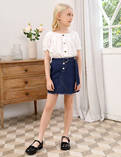 Kukume Little Girls' Mid Waist Button Front Denim Skirt A-Line Fringe Hem Skirt With Belt For 9-10 Years Deep Blue #TOP2