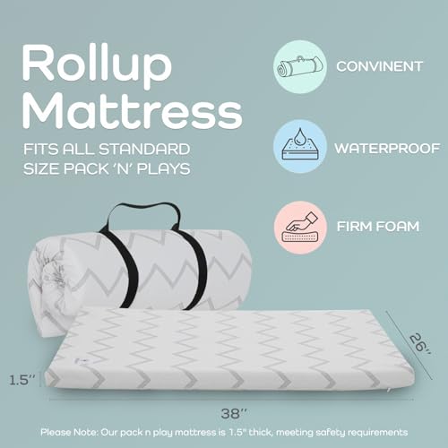 Waterproof Pack and Play Mattress Pad - 38" x 26" | Roll Up Style - Breathable Soft Memory Foam - Portable Mattress Topper- Baby Foam Mattresses for Babies - Includes Easy Carry Buckle