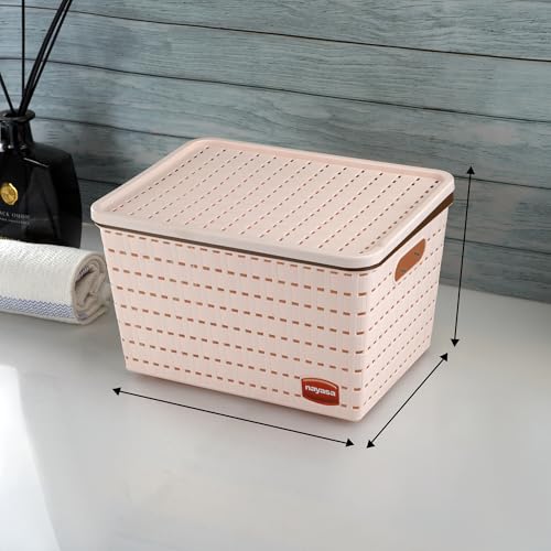 Image of Nayasa Gloria Plastic Basket for Storage | Vegetable & Fruit Basket | Multipurpose Storage Box and Organiser Basket with Lid | Big - Set of 3 | Peach