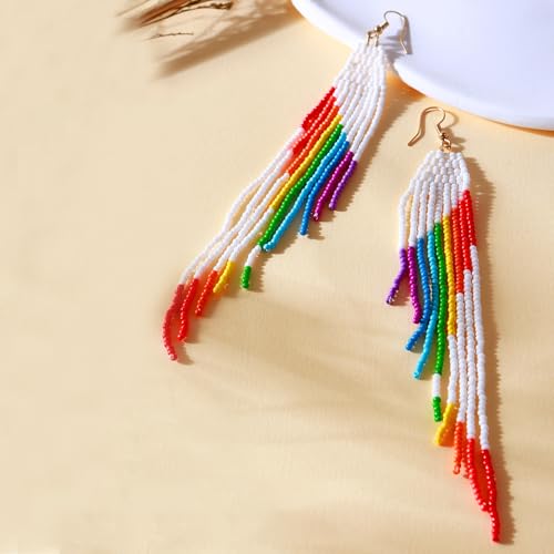 CALORVIA Bohemian Extra Long Tassel Beaded Dangle Earrings Rainbow Handmade Boho Statement Thin Fringe for Women (Colorful) by CALORVIA - Used condition - Image 5
