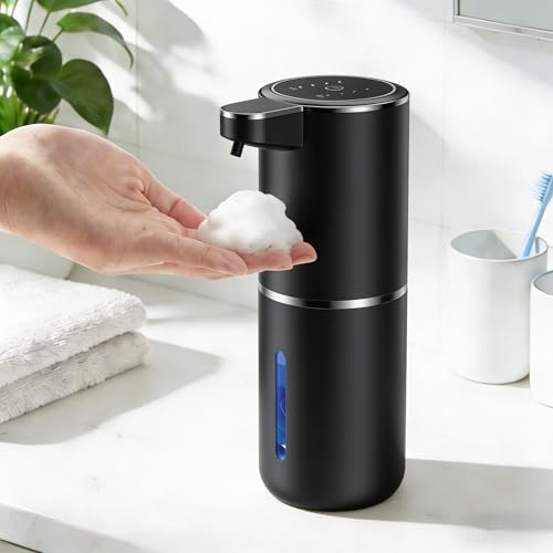 Fantictas Seifenspender Automatisch Wandbefestigung mit Sensor Infrarot,380ml Elektrischer Seifenspender ohne Bohren mit USB Wiederaufladbar,IPX5 Wasserdicht für Bad Toilette Küche-Silber