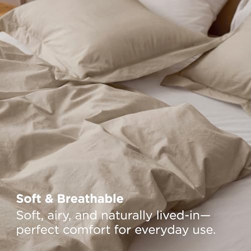 Image of Bedsure 100% Washed Cotton Duvet Cover Twin - Frosted Almond Minimalist Bedding Set Linen Like - PureWoven Plain Simple & Soft Comforter Cover for All Seasons (Frosted Almond, Twin, 68 inchx90 inch)