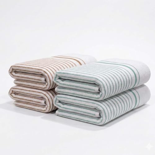 Image of Athom Living Premium Hand Towels- Cotton, 400 GSM, Ultra Soft, Quick Dry, Highly Absorbent | for Hand, Kitchen and Gym | 60 * 40 cm, Pack of 4 (White with Brown & Sea Green Stripes)