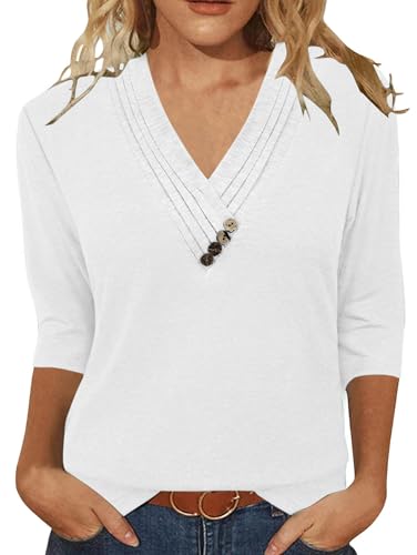 Image of Famulily 3/4 Length Sleeve Womens T Shirt Elegant Pleated V Neck Summer Tops Tee Shirts with Button Detail (M, White)