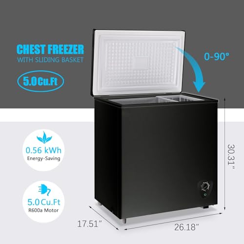 Chest Freezer, 5.0 Cu.Ft, Black, with Sliding Basket, Quick Cooling, Energy Saving, Professional Compressor