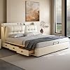 OUDINI USB Leather Bed Cream Style Shell Leather Bed Modern King Size Upholstered Platform Bed Frame Strong Wood Slats Support