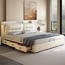 OUDINI USB Leather Bed Cream Style Shell Leather Bed Modern King Size Upholstered Platform Bed Frame Strong Wood Slats Support