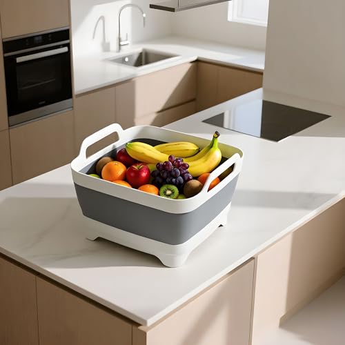 Image of Foldable Dish Basin with Drain Plug, 9L 2.4 Gallon Compact Portable Wash Tub Dishpan Space-Saving Sink Tray for Kitchen Storage Grey