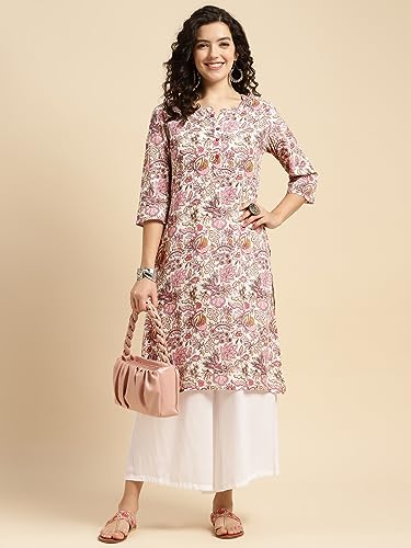 Image of rangita Pink Rayon Knee Length Printed Straight Kurti for Women | Kurta for Women