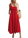 Mieazom Women's Maxi Dress Summer Sleeveless Swing Sundress Casual Loose Tank Long Dresses with Pockets Red M